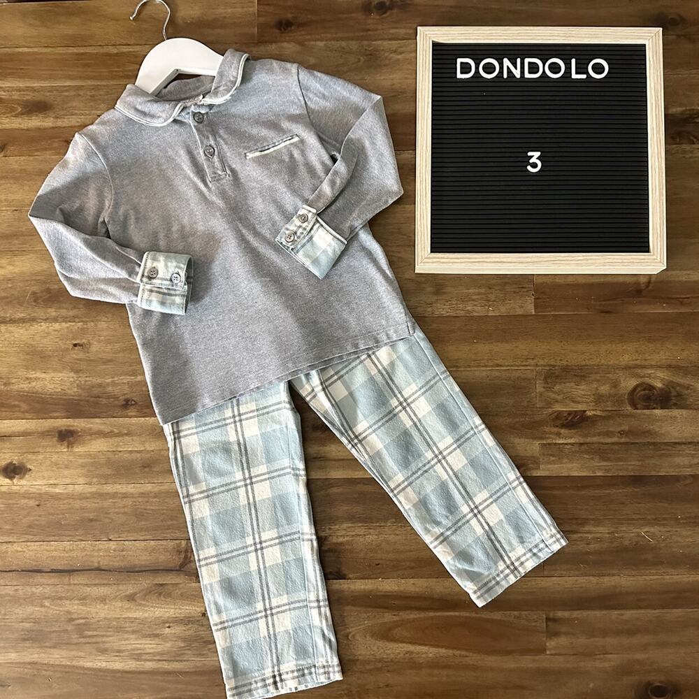 Dondolo Grey Cream Blue Polo Long Sleeve Knit Shirt Plaid Flannel Pant Set 3